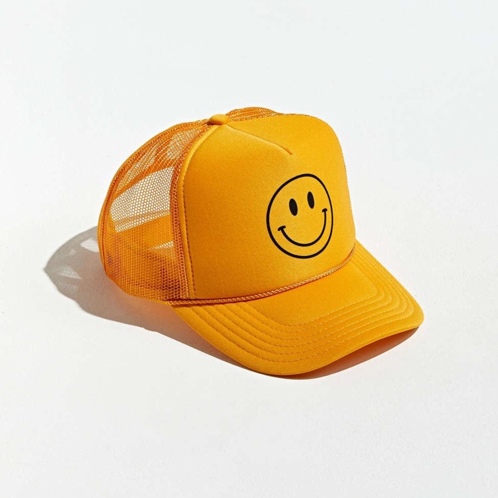 Urban Outfitters smiley face trucker hat yellow